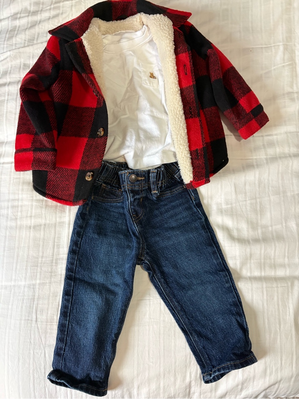 Kids White Pocket Tee, Buffalo Plaid Jacket & Dark Blue Denim Jeans